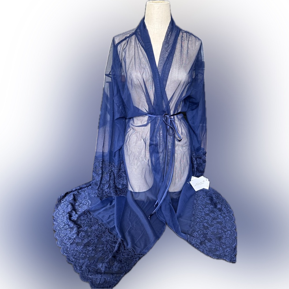 NWT In Bloom Luxurious Navy Sheer Robe with Lace Trim